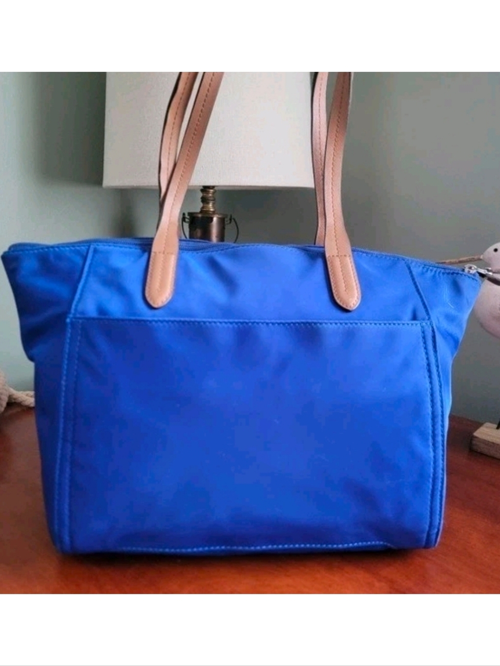 Michael Kors Kelsey Medium Tote Blue Tan Nylon Leather Bag - Picture 3 of 16